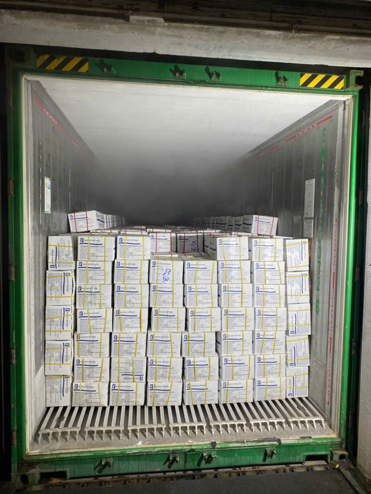 Consolidated mixed container load of frozen seafood products provided by F Seafood Vietnam.