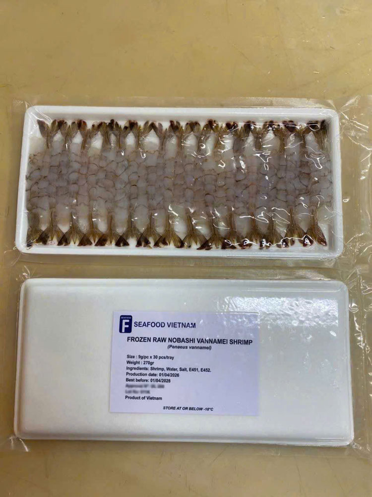 Value-added frozen seafood products Nobashi by F Seafood Vietnam.