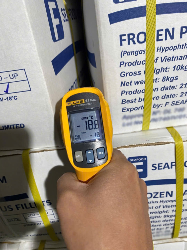 Continuous cold chain temperature check at minus 18 degrees Celsius during cold storage receiving by F Seafood